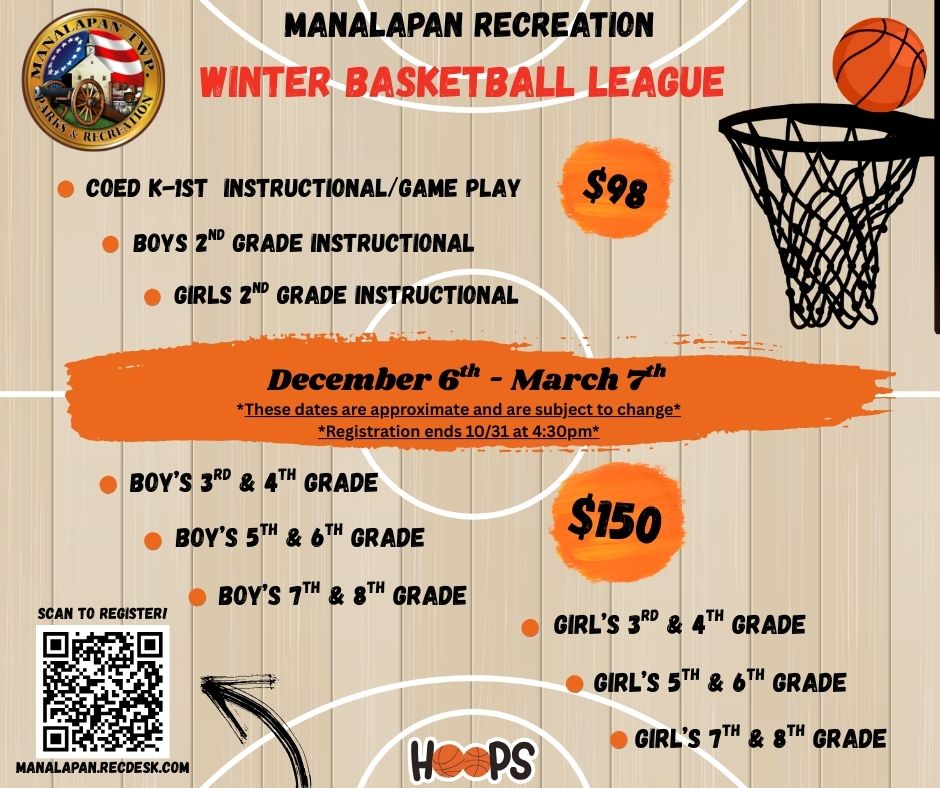 The Youth Winter Basketball League registration will open on August 13 and close on October 31. Plan your registration to secure your spot!