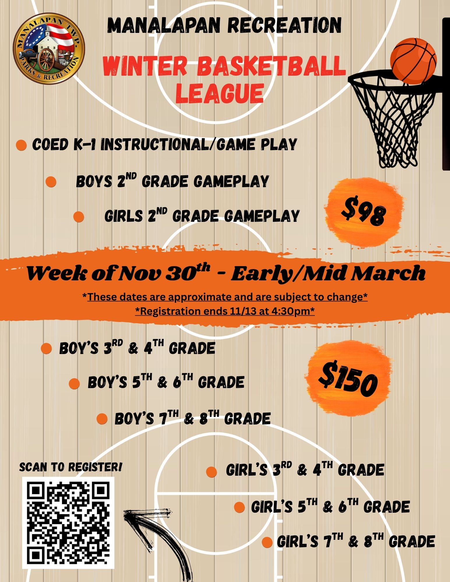 Copy of 25-26 Winter Basketball The Youth Winter Basketball League registration will open on August 13 and close on October 31. Plan your registration to secure your spot!